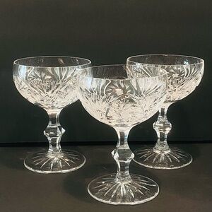 Antique Barbara Crystal Cut Pinwheel Set of 3 Champagne Glasses 5” Tall